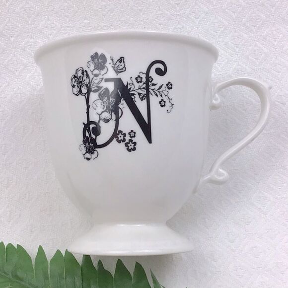 Anthropologie Monogram Initial “N” Script White Pedestal Tea Cup - Picture 5 of 8